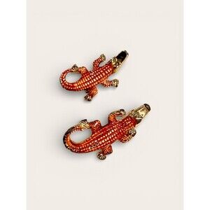Vintage Red Enamel Alligator Crocodile Brooch Pin Gold Tone Reptile Set